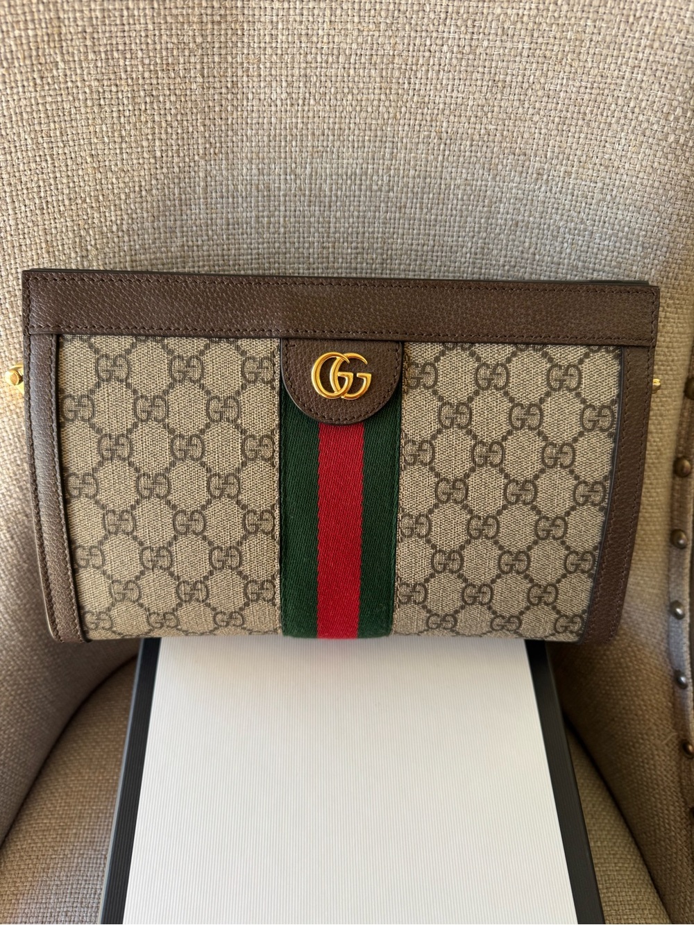 Gucci Brown GG Canvas Clutch with Green and Red Web Stripe